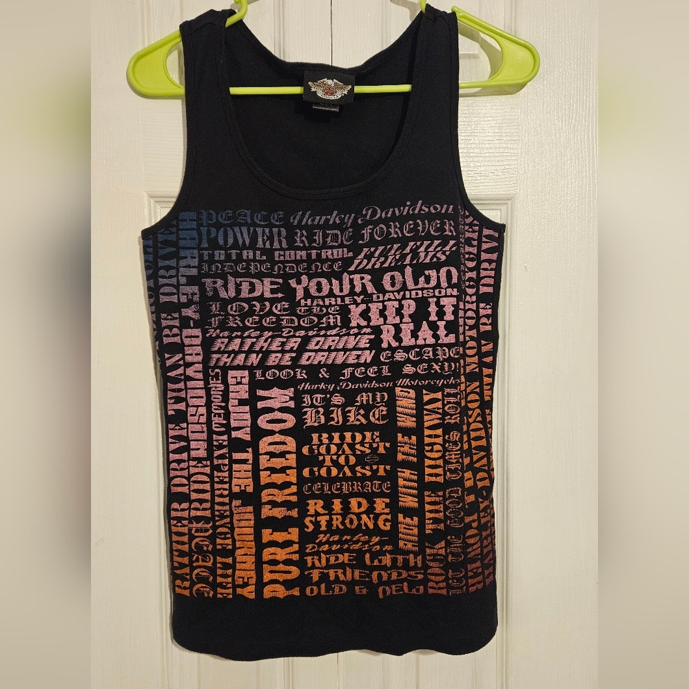 Harley-Davidson Black Tank with Blue-Pink-Orange Gradient Typography